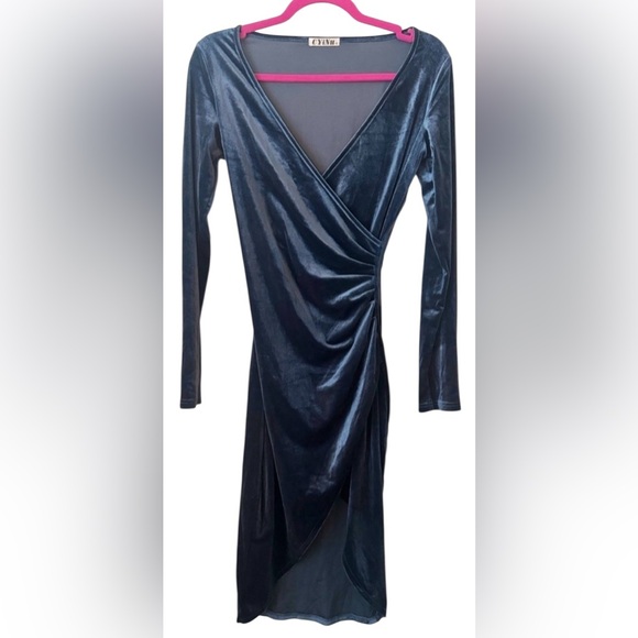 NWOT Velvet Long Sleeve Dress in Blue - Picture 2 of 5